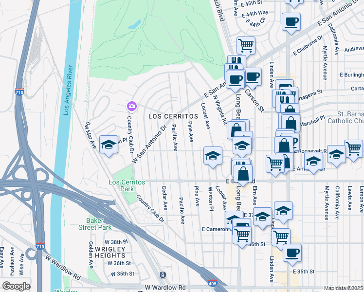 map of restaurants, bars, coffee shops, grocery stores, and more near 3939 Pine Avenue in Long Beach