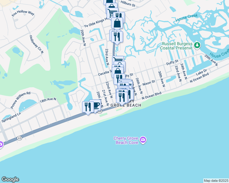 map of restaurants, bars, coffee shops, grocery stores, and more near 306 22nd Avenue North in North Myrtle Beach