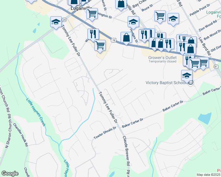 map of restaurants, bars, coffee shops, grocery stores, and more near 1231 Saint James Place in Loganville
