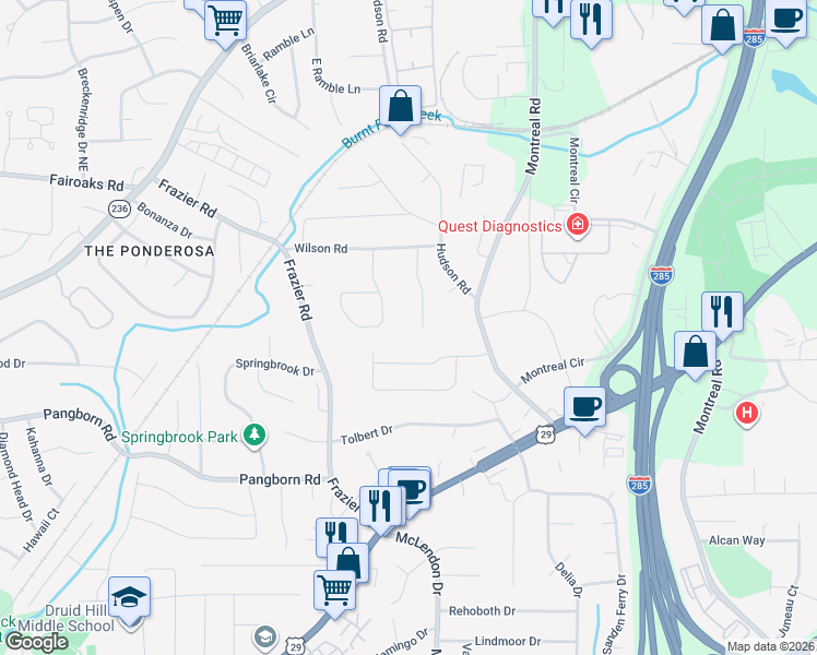 map of restaurants, bars, coffee shops, grocery stores, and more near 1627 Moncrief Circle in Decatur