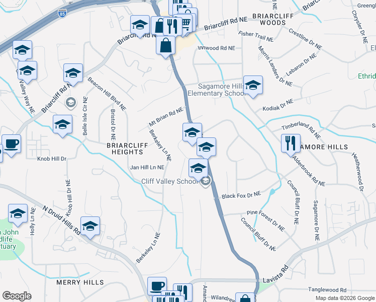 map of restaurants, bars, coffee shops, grocery stores, and more near 2570 Clairmont Road in Atlanta