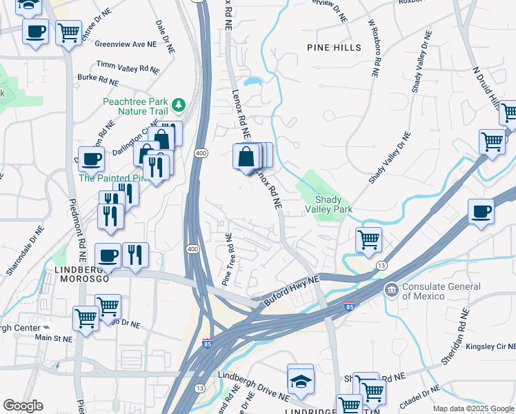 map of restaurants, bars, coffee shops, grocery stores, and more near 3304 Pine Heights Drive Northeast in Atlanta