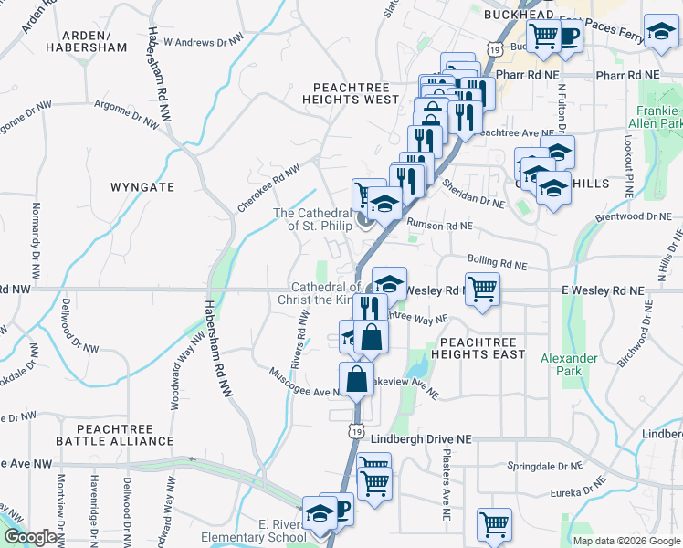 map of restaurants, bars, coffee shops, grocery stores, and more near 2734 Peachtree Road Northwest in Atlanta