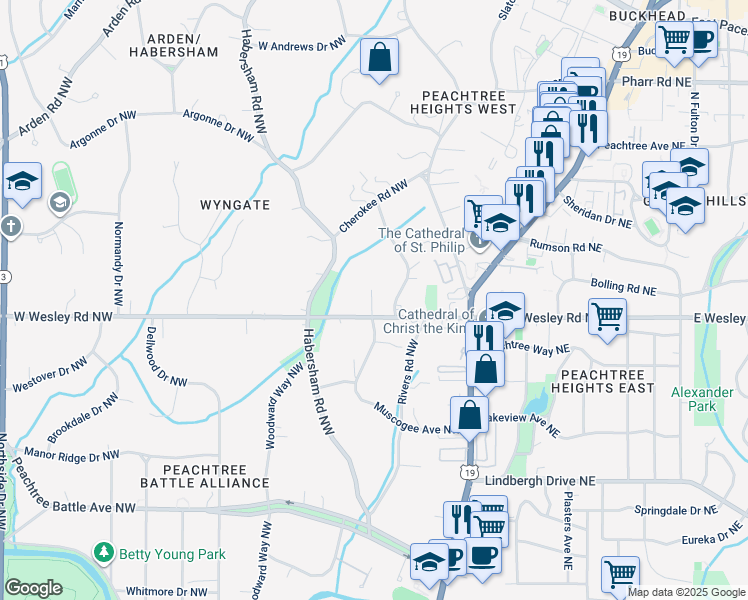 map of restaurants, bars, coffee shops, grocery stores, and more near 125 West Wesley Road Northwest in Atlanta