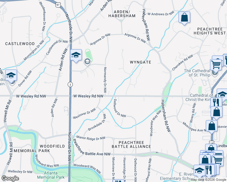 map of restaurants, bars, coffee shops, grocery stores, and more near 411 West Wesley Road Northwest in Atlanta