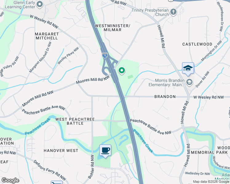 map of restaurants, bars, coffee shops, grocery stores, and more near 1191 West Wesley Road Northwest in Atlanta