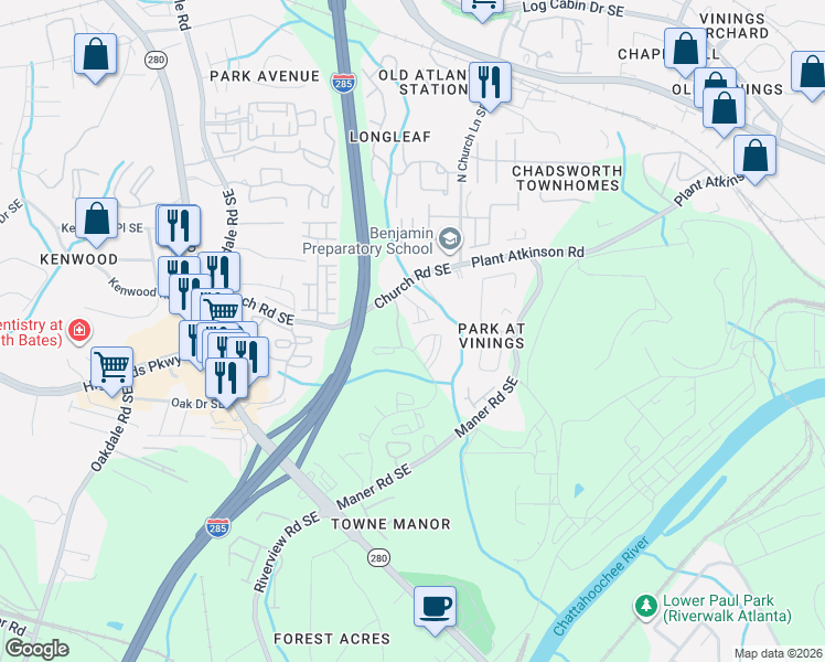 map of restaurants, bars, coffee shops, grocery stores, and more near 2390 Church Road Southeast in Smyrna