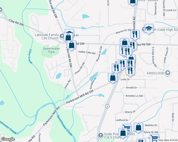 map of restaurants, bars, coffee shops, grocery stores, and more near 2232 Warren Drive Southwest in Austell