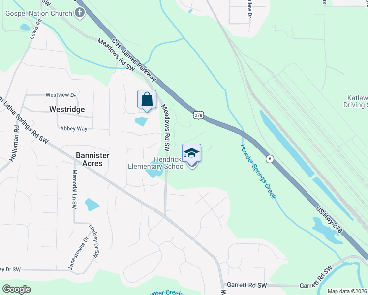 map of restaurants, bars, coffee shops, grocery stores, and more near 9105 Waterford Lane in Powder Springs