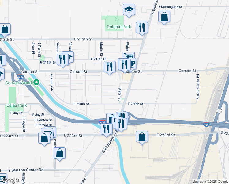 map of restaurants, bars, coffee shops, grocery stores, and more near 21900 Martin Street in Carson