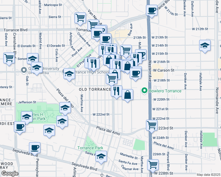 map of restaurants, bars, coffee shops, grocery stores, and more near 1811 Cabrillo Avenue in Torrance