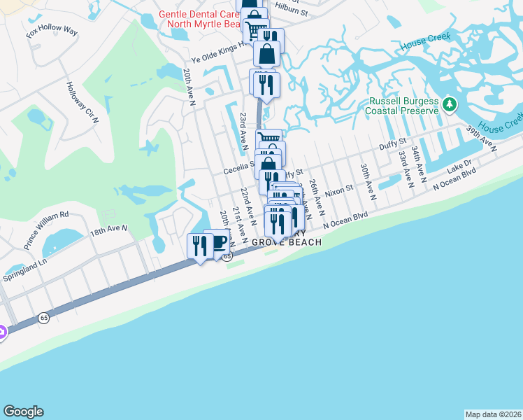 map of restaurants, bars, coffee shops, grocery stores, and more near 306 22nd Avenue North in North Myrtle Beach