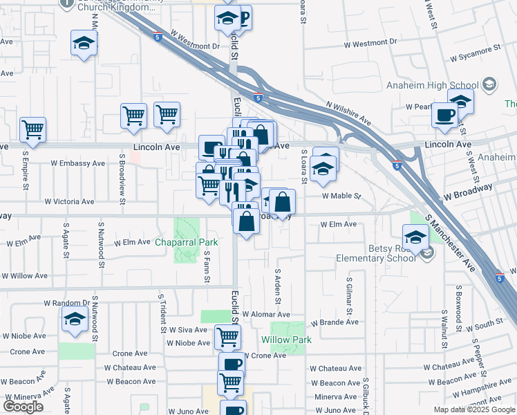 map of restaurants, bars, coffee shops, grocery stores, and more near Palm Way in Anaheim