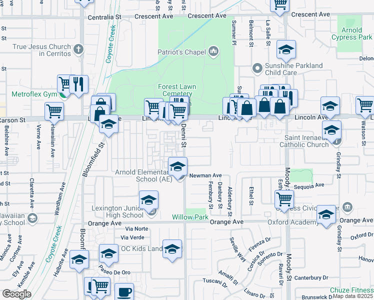 map of restaurants, bars, coffee shops, grocery stores, and more near 4524 Shasta Circle in Cypress