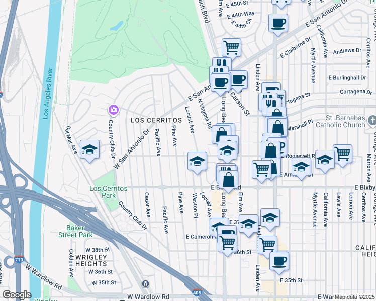 map of restaurants, bars, coffee shops, grocery stores, and more near 145 East Roosevelt Road in Long Beach