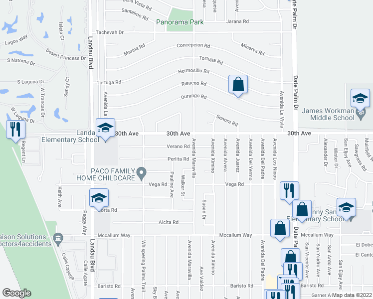 map of restaurants, bars, coffee shops, grocery stores, and more near 68425 Verano Road in Cathedral City