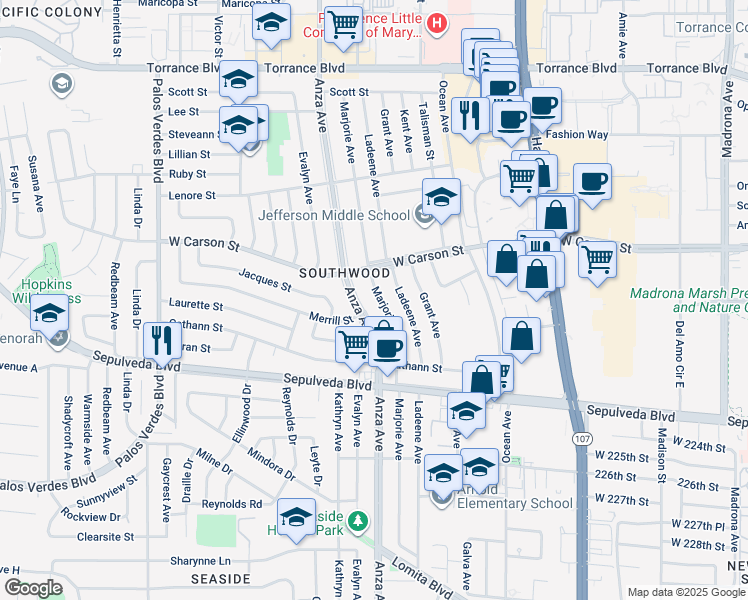 map of restaurants, bars, coffee shops, grocery stores, and more near 21901 Marjorie Avenue in Torrance