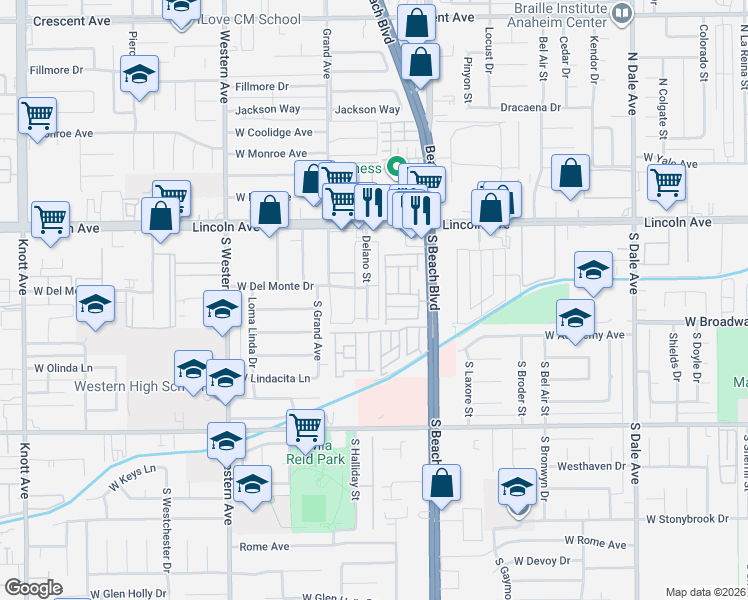 map of restaurants, bars, coffee shops, grocery stores, and more near 212 Delano Street in Anaheim