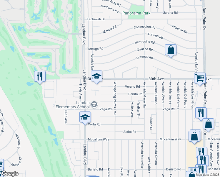 map of restaurants, bars, coffee shops, grocery stores, and more near 68185 Verano Road in Cathedral City