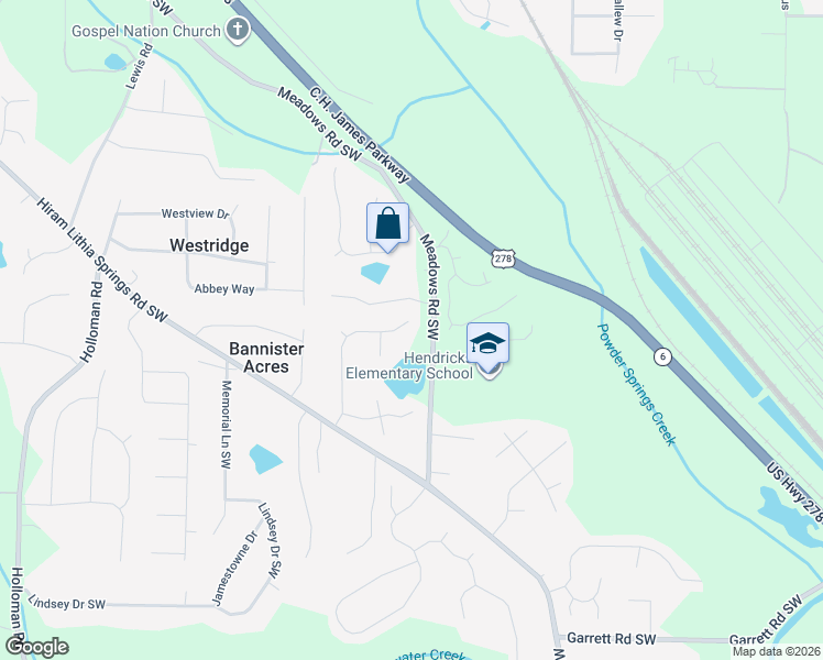map of restaurants, bars, coffee shops, grocery stores, and more near 5103 Meadows Lake Drive in Powder Springs