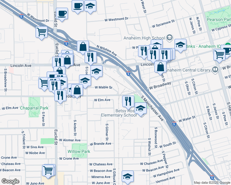 map of restaurants, bars, coffee shops, grocery stores, and more near 1501 West Broadway in Anaheim