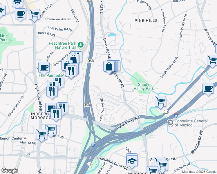 map of restaurants, bars, coffee shops, grocery stores, and more near 2716 Lenox Road Northeast in Atlanta