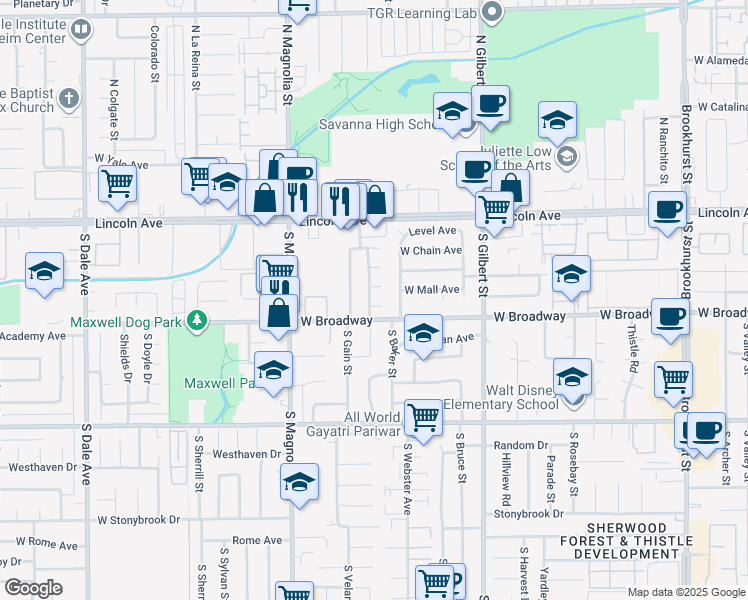 map of restaurants, bars, coffee shops, grocery stores, and more near 2513 West Fulcrum Place in Anaheim