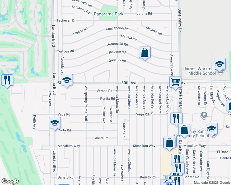map of restaurants, bars, coffee shops, grocery stores, and more near 68425 Verano Road in Cathedral City