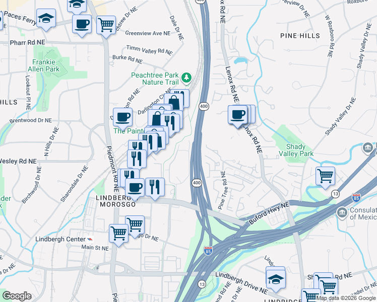map of restaurants, bars, coffee shops, grocery stores, and more near 807 Summit North Drive Northeast in Atlanta
