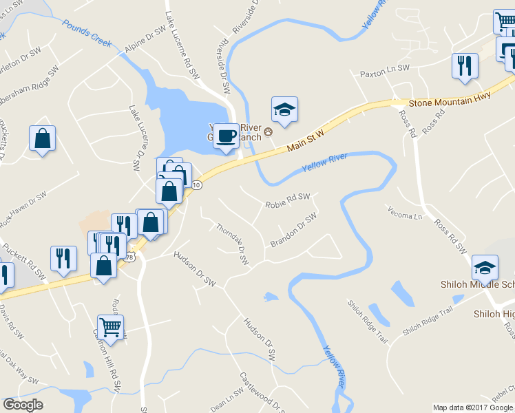 map of restaurants, bars, coffee shops, grocery stores, and more near 2167 Jonquil Drive Southwest in Lilburn