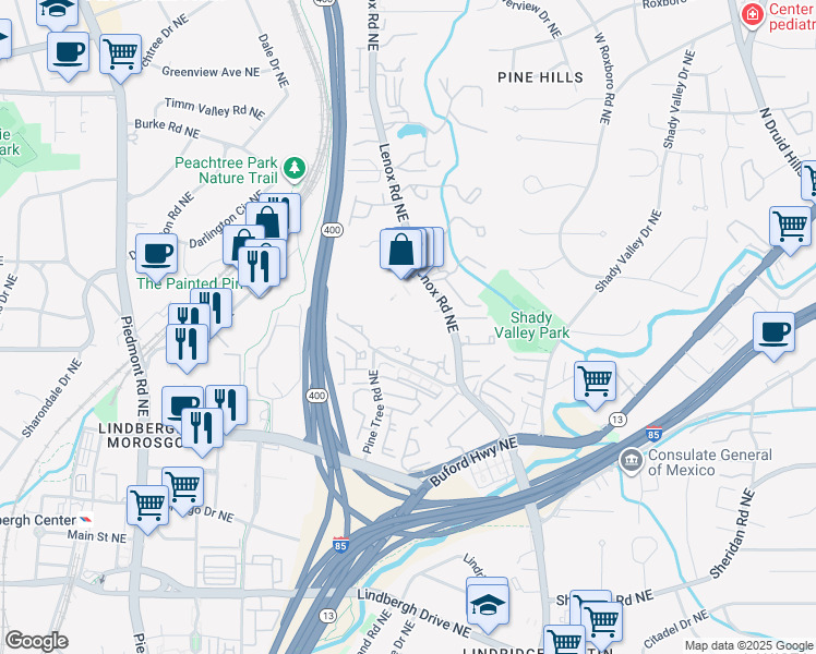 map of restaurants, bars, coffee shops, grocery stores, and more near 2716 Lenox Road Northeast in Atlanta