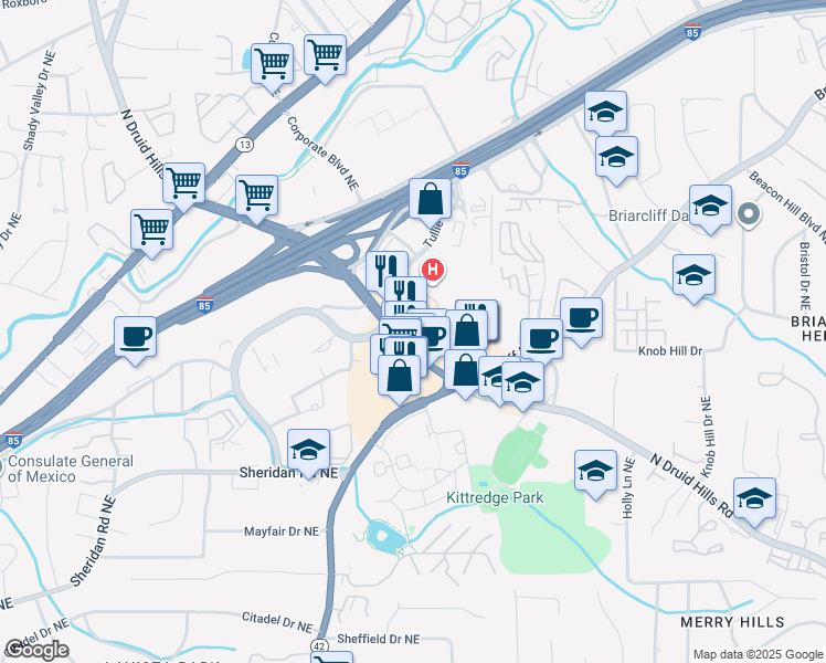 map of restaurants, bars, coffee shops, grocery stores, and more near 2240 North Druid Hills Road Northeast in Atlanta