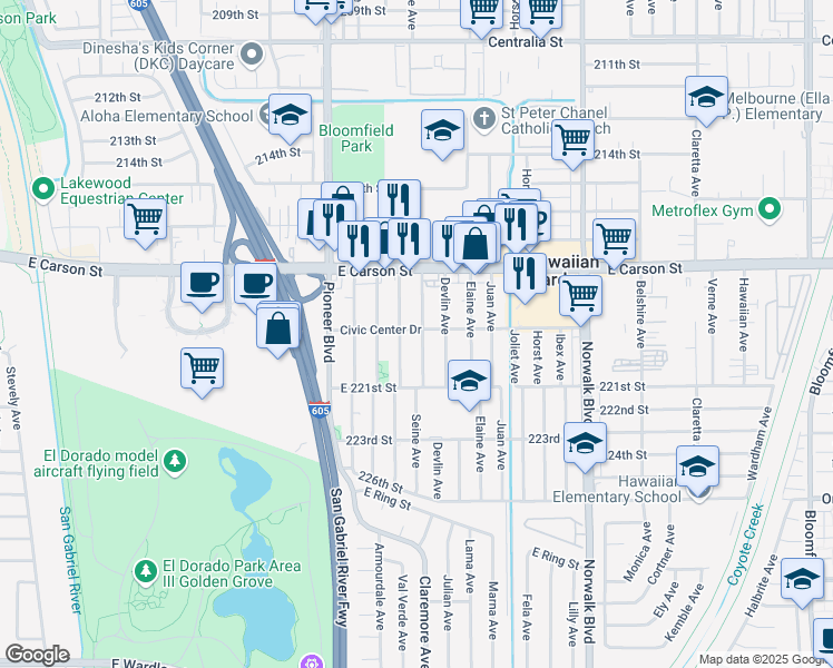 map of restaurants, bars, coffee shops, grocery stores, and more near 11916 Civic Center Drive in Hawaiian Gardens