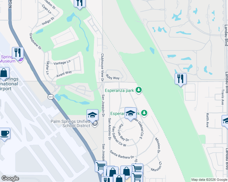 map of restaurants, bars, coffee shops, grocery stores, and more near 67089 San Mateo Drive in Cathedral City