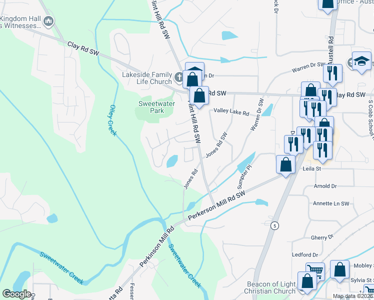 map of restaurants, bars, coffee shops, grocery stores, and more near 5144 Lakeview Court in Austell