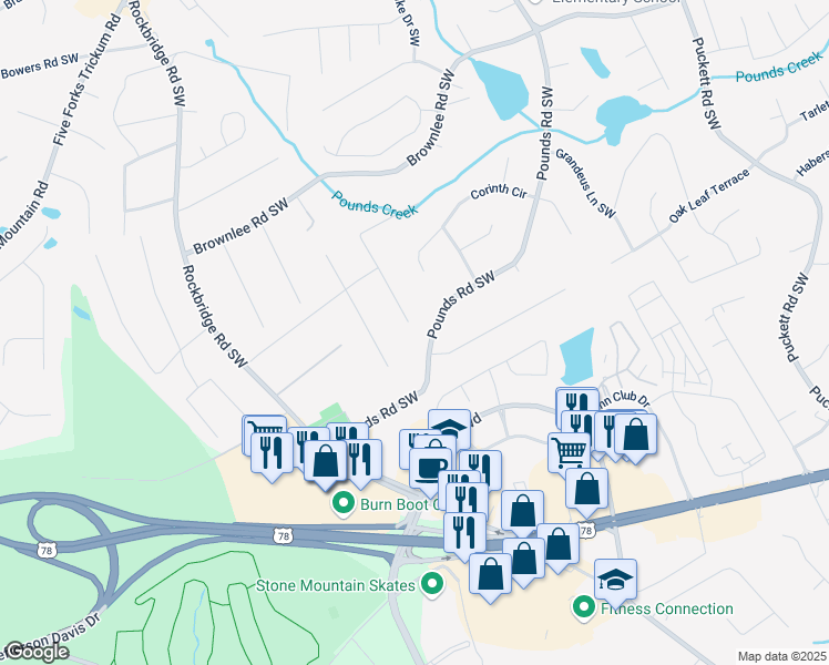 map of restaurants, bars, coffee shops, grocery stores, and more near 1732 Eldonlas Court in Stone Mountain