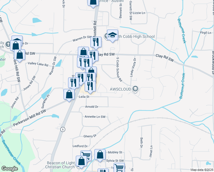 map of restaurants, bars, coffee shops, grocery stores, and more near 2027 Oakbluff Drive in Austell