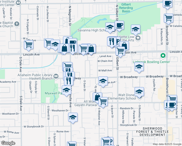 map of restaurants, bars, coffee shops, grocery stores, and more near 2513 West Fulcrum Place in Anaheim