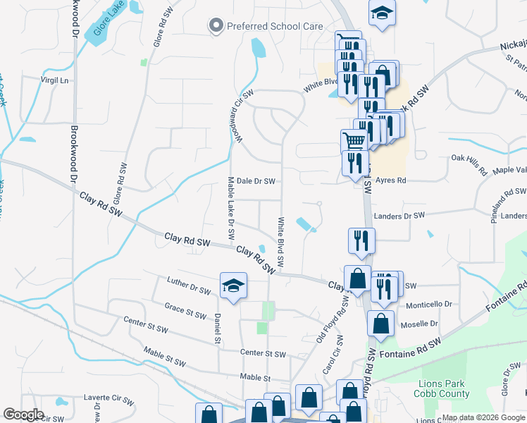 map of restaurants, bars, coffee shops, grocery stores, and more near 5105 Poplar Place in Mableton