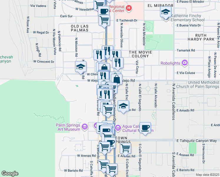 map of restaurants, bars, coffee shops, grocery stores, and more near 462 North Indian Canyon Drive in Palm Springs