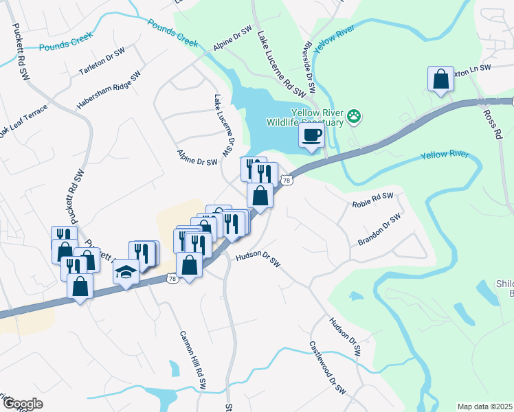 map of restaurants, bars, coffee shops, grocery stores, and more near 4763 Stone Mountain Highway in Lilburn