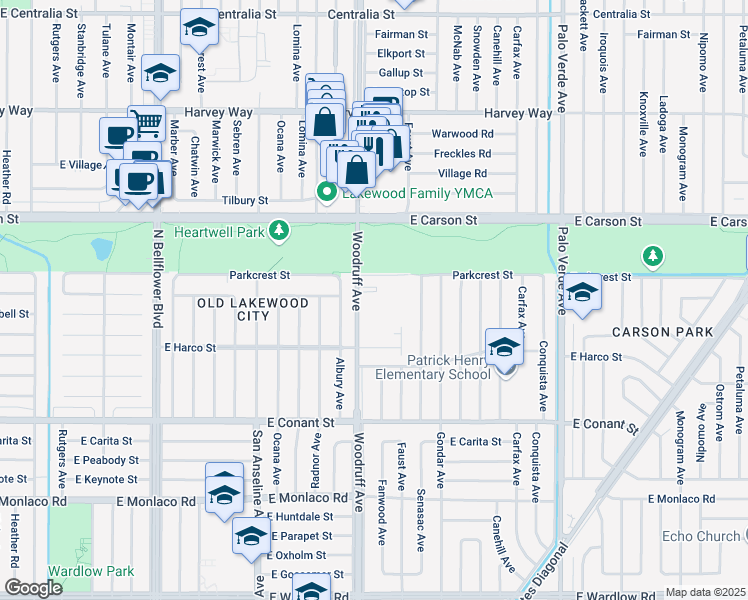 map of restaurants, bars, coffee shops, grocery stores, and more near 3908 Woodruff Avenue in Long Beach