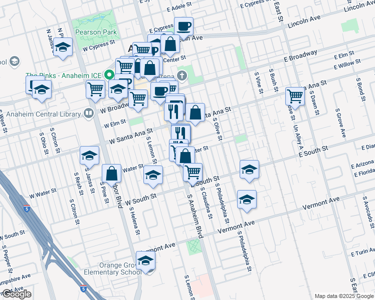map of restaurants, bars, coffee shops, grocery stores, and more near 119 Water Street in Anaheim