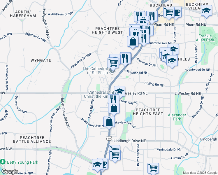 map of restaurants, bars, coffee shops, grocery stores, and more near 2734 Peachtree Road Northwest in Atlanta