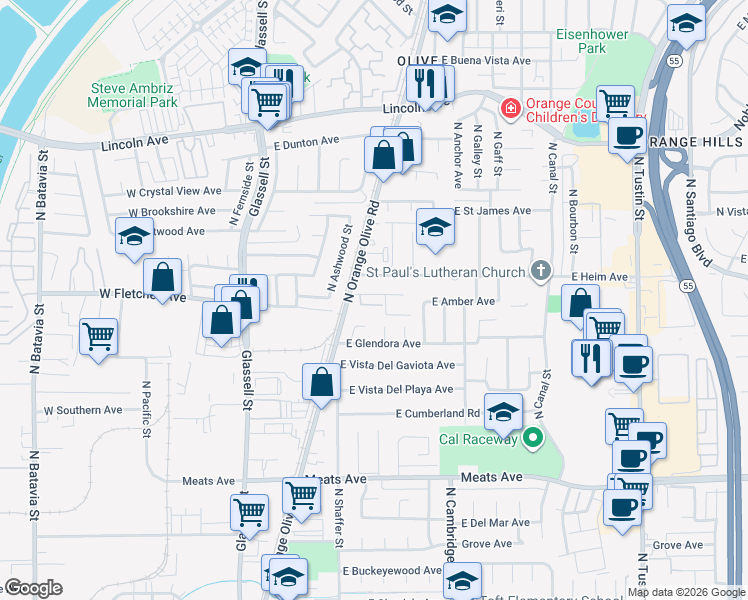map of restaurants, bars, coffee shops, grocery stores, and more near 632 East Fellows Drive in Orange