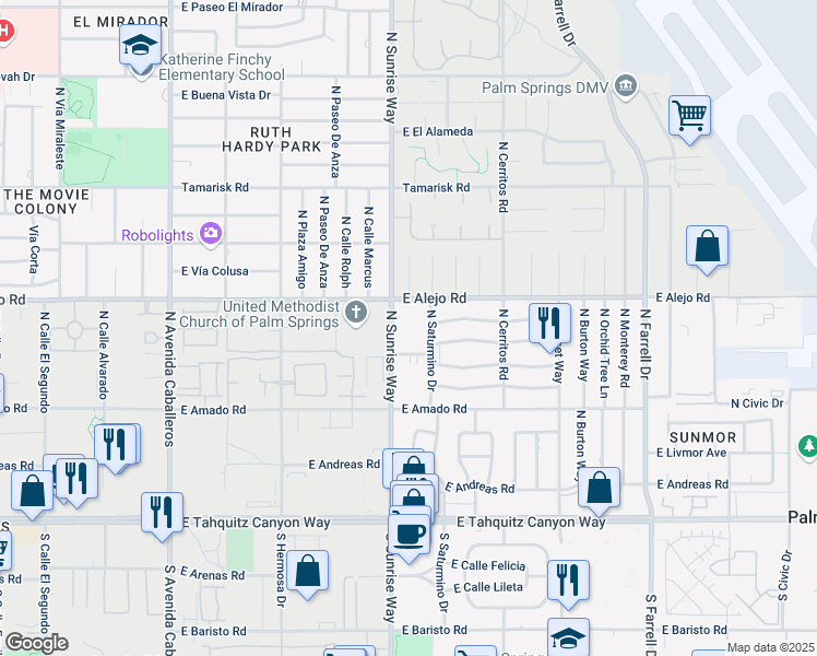 map of restaurants, bars, coffee shops, grocery stores, and more near 400 North Sunrise Way in Palm Springs