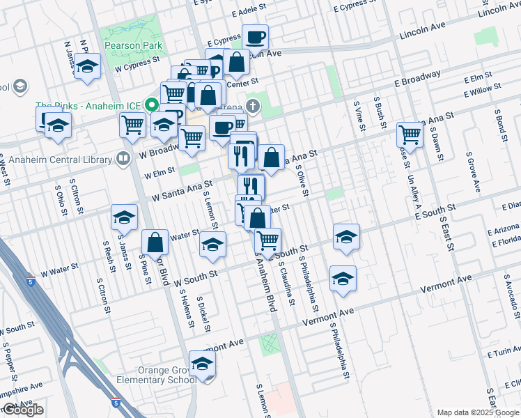 map of restaurants, bars, coffee shops, grocery stores, and more near 201 East Water Street in Anaheim