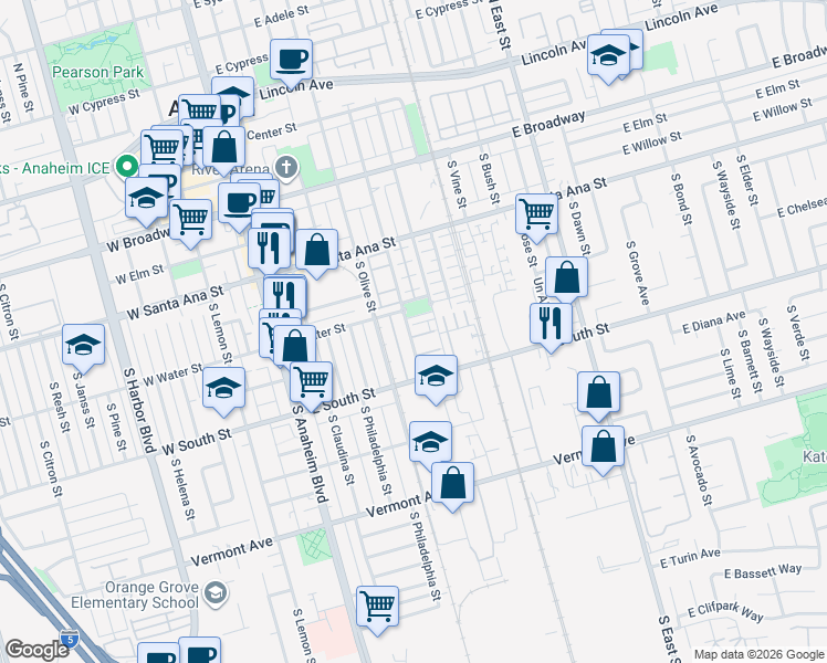 map of restaurants, bars, coffee shops, grocery stores, and more near 634 South Melrose Street in Anaheim