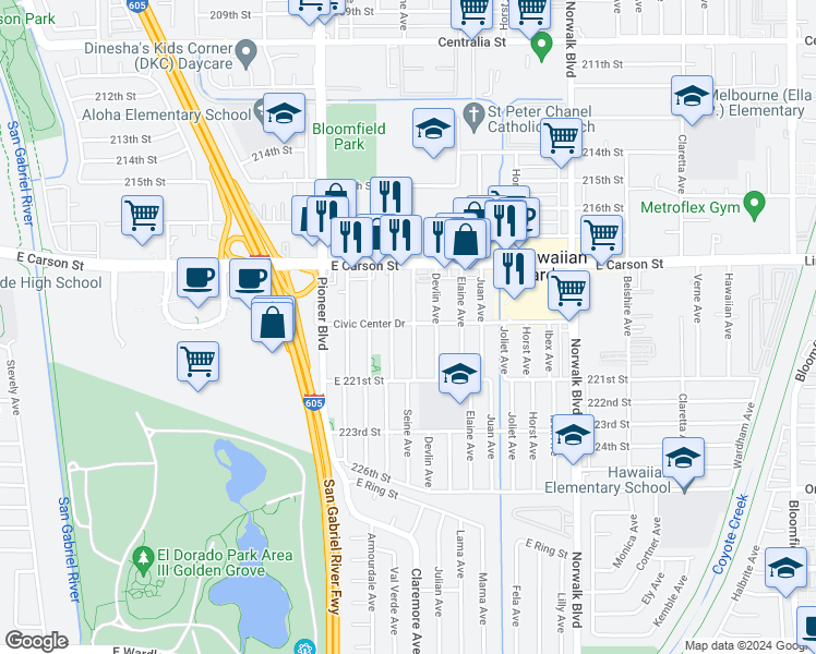 map of restaurants, bars, coffee shops, grocery stores, and more near 11916 Civic Center Drive in Hawaiian Gardens