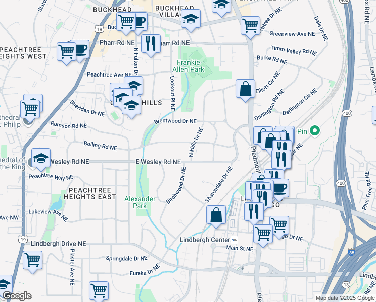 map of restaurants, bars, coffee shops, grocery stores, and more near 2734 N Hills Drive Northeast in Atlanta
